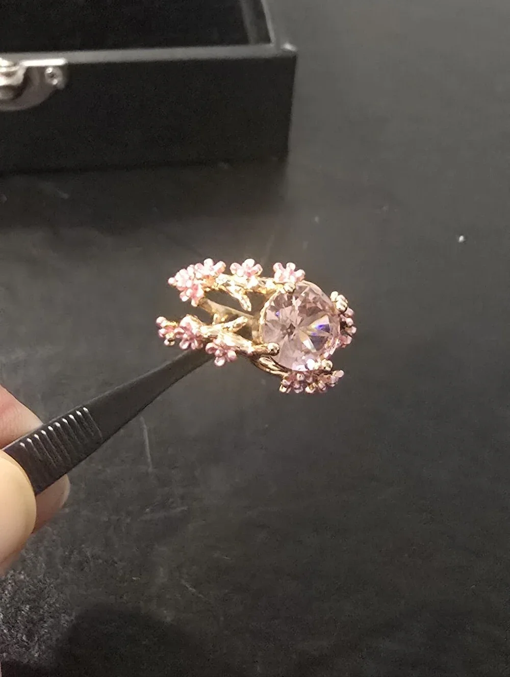 Pink Crystal Cherry Blossom Branch Ring Rose Gold Plated Flower Size 7